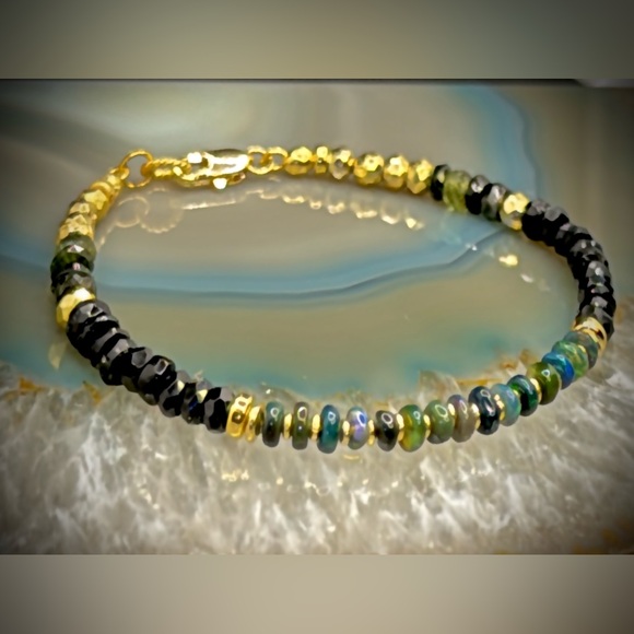 Black Welo Opal, Tourmaline,Pyrite 18kt Gold Vermeil Bracelet - Picture 4 of 8